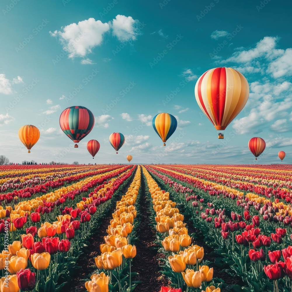 Fototapeta premium Bright balloons in tulip fields without people Realistic photo