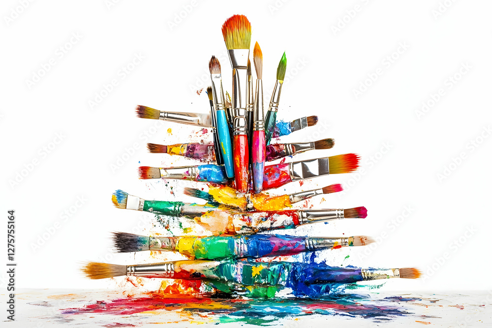 Obraz premium Colorful Christmas tree made of paintbrushes and a palette on a white background