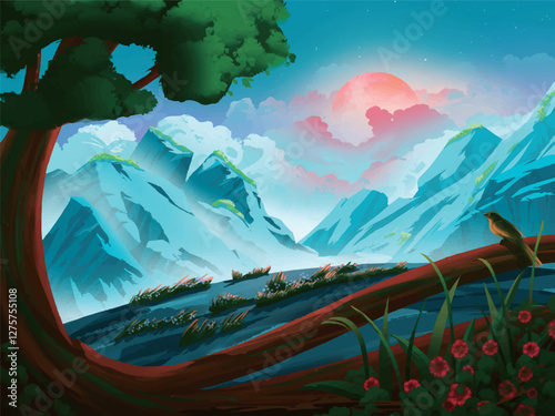 Illustration of a picturesque mountain landscape at sunrise, featuring a large sun, a clear sky, and a bird perched on a branch.