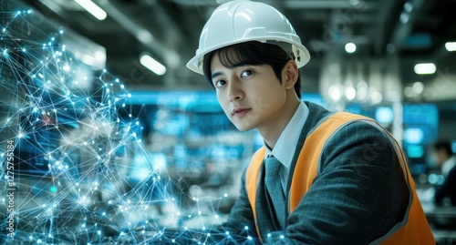 Young Asian Engineer Working in Smart Factory with Digital Overlay