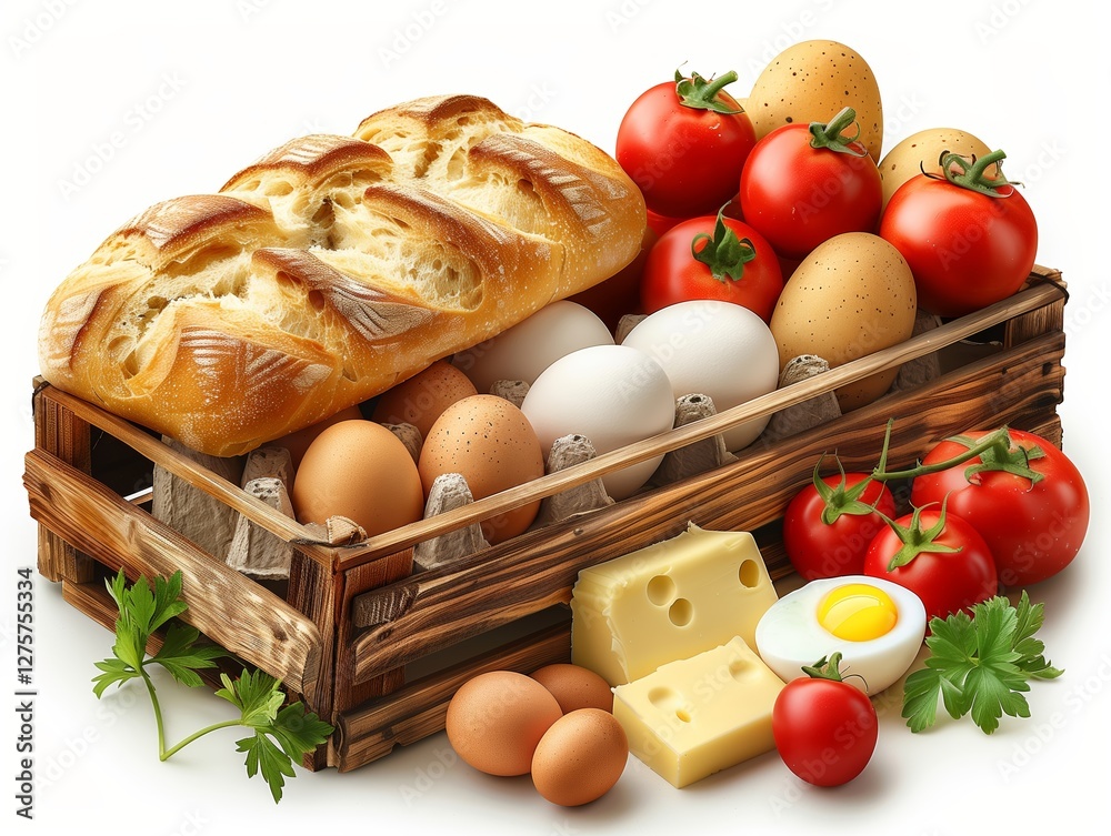 a wooden crate with breakfast staples like bread, one small egg carton, butter and vegetables, realistic a wooden crate with breakfast staples like bread, one small egg carton, butter and vegetables, realistic
