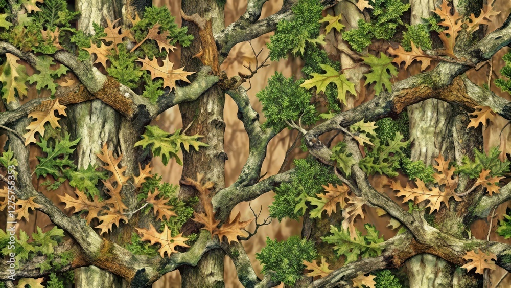 Seamless Mossy Oak tree hunting pattern perfect for camouflage in the forest, woodland camouflage, outdoor hunting gear Seamless Mossy Oak tree hunting pattern perfect for camouflage in the forest, woodland camouflage, outdoor hunting gear