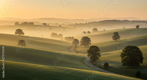 Scenic Rolling Hills at Sunrise with Fog and Winding Road