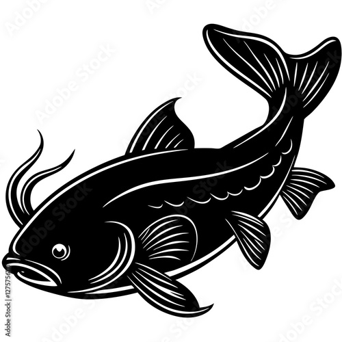 Black and White Catfish Swimming Vector Illustration