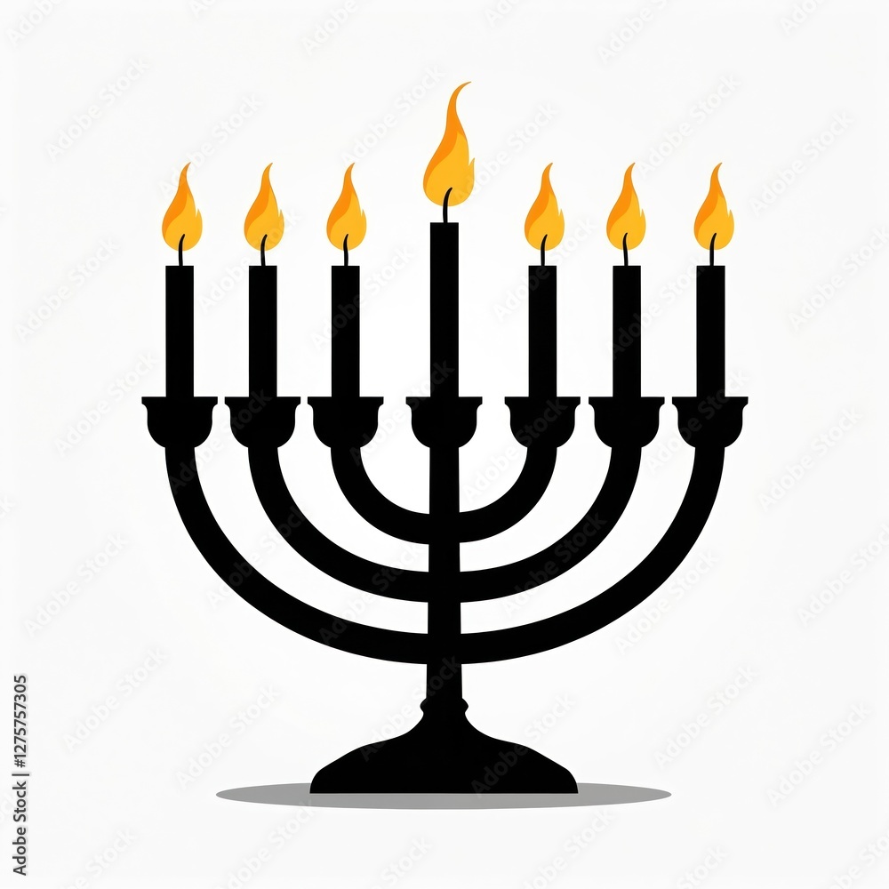 Black silhouette of menorah with lit candles represents Hanukkah Jewish holiday celebration. Religious artwork, cultural decor with traditional symbol of hope and faith on white background. Black silhouette of menorah with lit candles represents Hanukkah Jewish holiday celebration. Religious artwork, cultural decor with traditional symbol of hope and faith on white background.