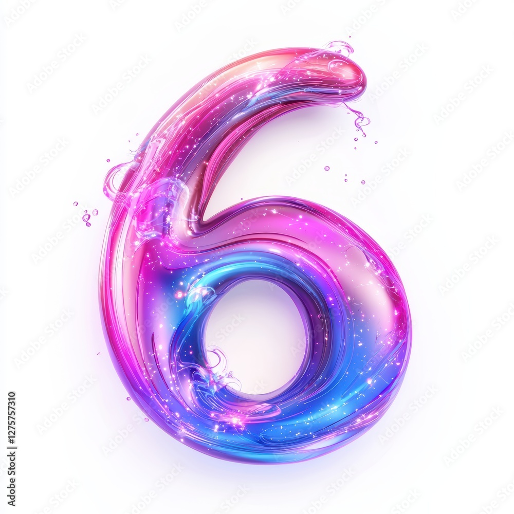 Number 6 made of swirling enchanted liquid with sparkling neon particles isolated on a clean white background Number 6 made of swirling enchanted liquid with sparkling neon particles isolated on a clean white background