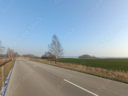 Aviacijos street in Siauliai. Empty street in suburbs. Sunny day without clouds in sky. Aviacijos gatve Siauliuose. photo