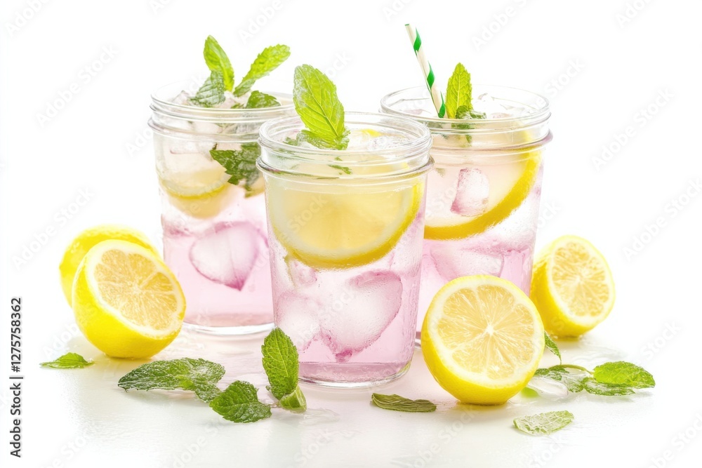 Enjoy refreshing rose lemonade in clear jars with lemon slices and mint leaves on a white background Enjoy refreshing rose lemonade in clear jars with lemon slices and mint leaves on a white background