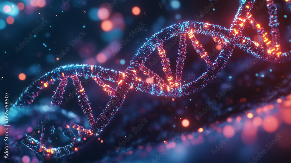 Surreal macro view of nanobots repairing DNA strands in a glowing liquid environment, neon cellular structures Surreal macro view of nanobots repairing DNA strands in a glowing liquid environment, neon cellular structures