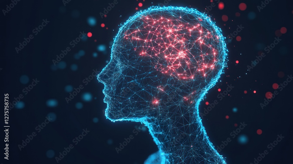 Illuminated digital brain, neural network, dark background, AI concept