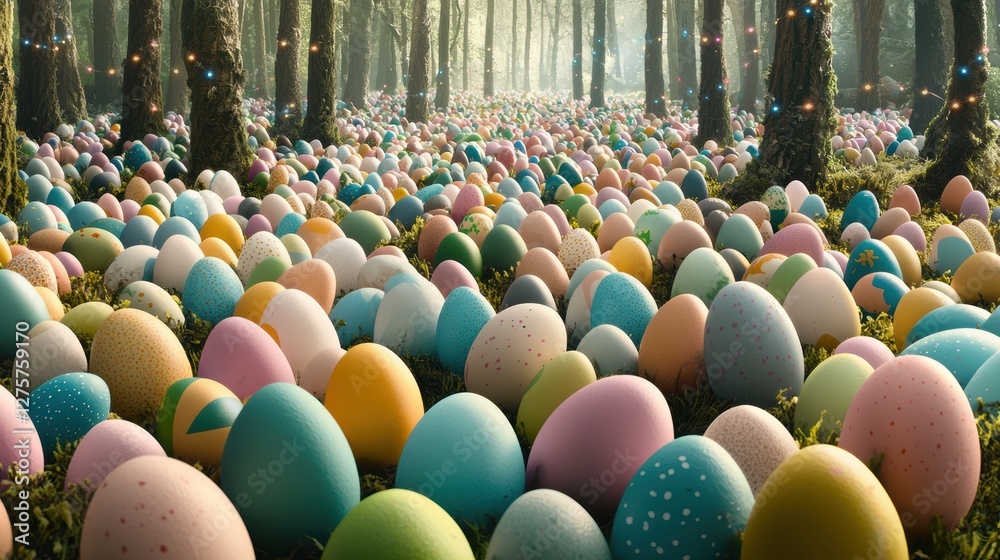 Obraz premium A forest of Easter eggs in various colors and patterns.
