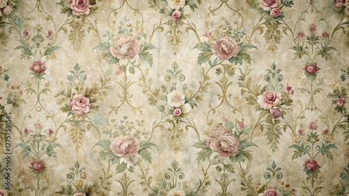 Distressed floral patterned wallpaper with intricate designs and soft pastel colors, giving a spooky vintage feel , floral, memento