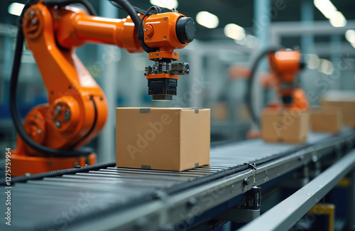 Orange robotic arm lifting cardboard box on conveyor belt in factory. Automated industrial machinery, ai driven technology, warehouse logistics for e-commerce, smart solutions.
