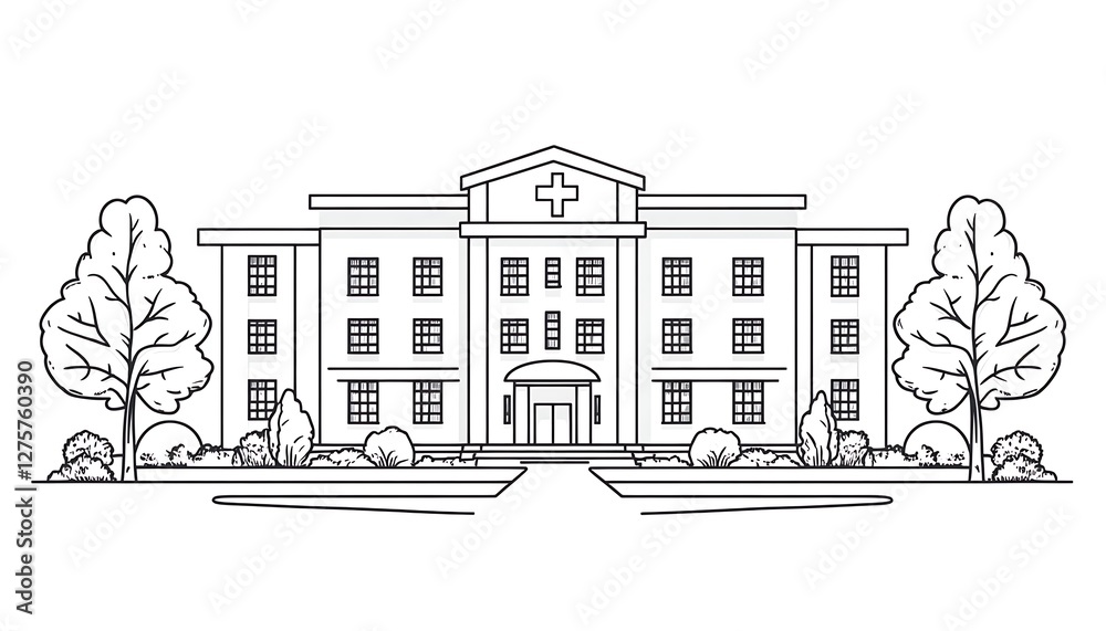 Naklejka premium Hospital Building Line Drawing