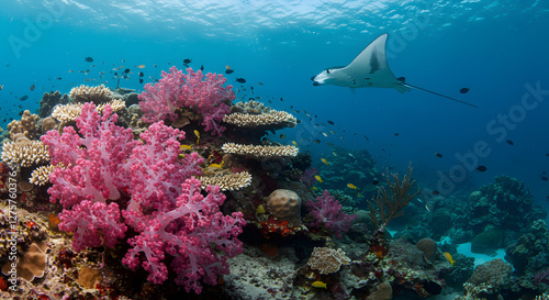 Manta Ray Swimming Over Vibrant Coral Reef Ecosystem Underwater Scenery