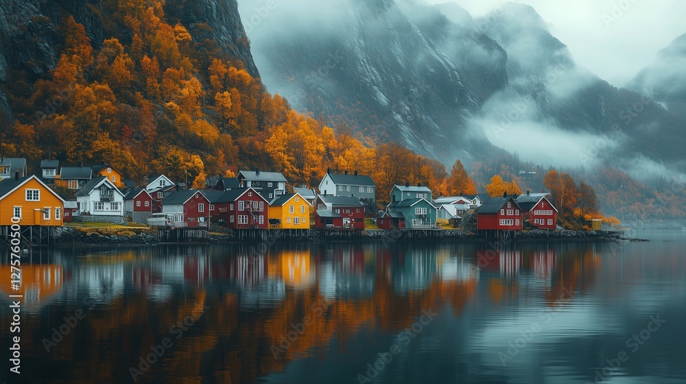 waterfront village nestled against a misty mountainside. The buildings are colorful, Scandinavian or Northern European. The scene is tranquil and evokes a sense of quiet rural beauty.