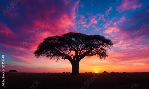 Silhouette of an acacia tree at vibrant sunset, african landscape