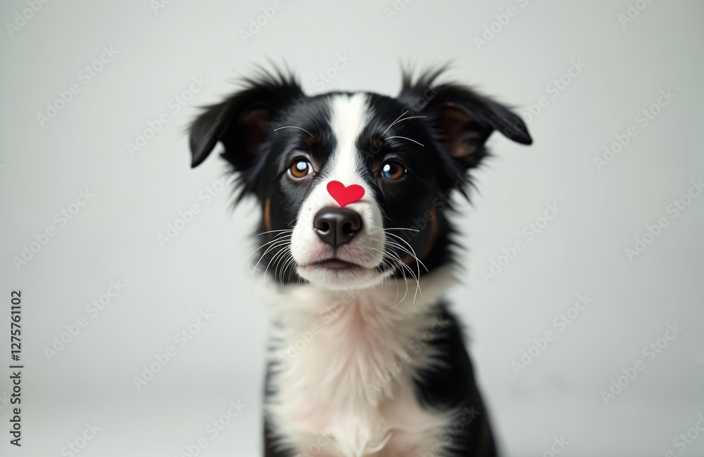 Valentines Day concept. Funny portrait of puppy dog border collie holding red heart on nose, isolated on white background. Lovely dog in love gives gift. Valentines Day concept. Funny portrait of puppy dog border collie holding red heart on nose, isolated on white background. Lovely dog in love gives gift.