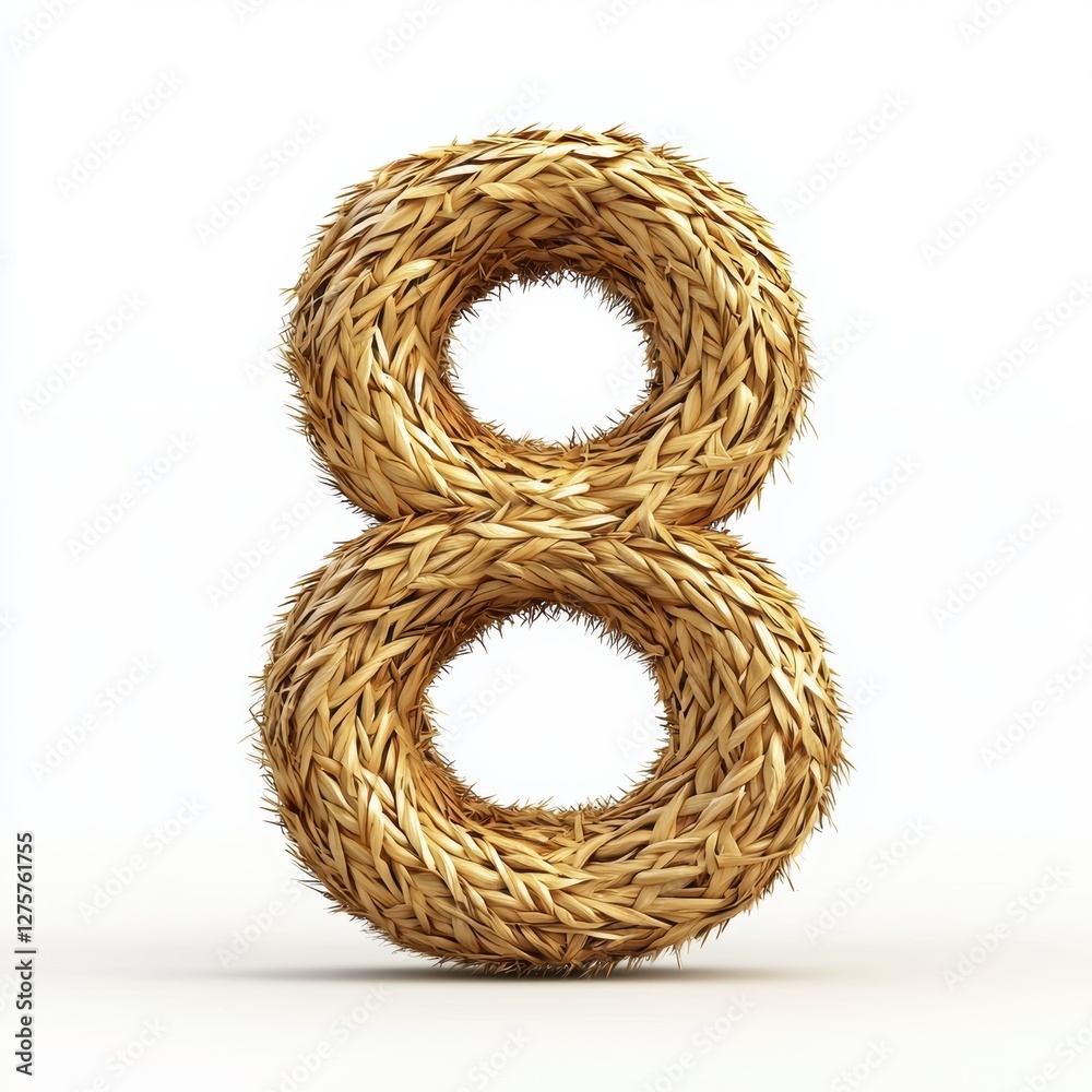 Number 8 made of tightly woven straw with golden textures isolated on a clean white background Number 8 made of tightly woven straw with golden textures isolated on a clean white background
