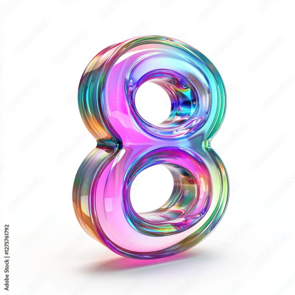 Number 8 made of transparent holographic glass with rainbow reflections isolated on a clean white background Number 8 made of transparent holographic glass with rainbow reflections isolated on a clean white background