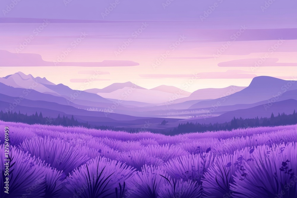 Lavender field sunset mountain landscape illustration Lavender field sunset mountain landscape illustration