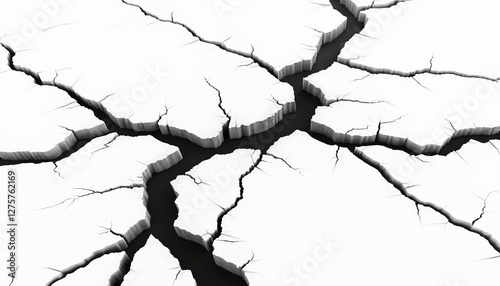 White floor after earthquake with black deep cracks. Ground floor, wall destruction effect, realistic rock, earthquake aftermath, broken surface, cement, distressed rift design.