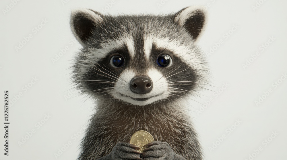 Obraz premium Cute raccoon holding a coin with cheerful expression on its face