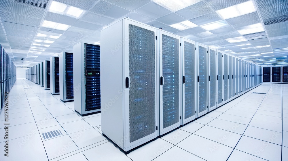 Fototapeta Modern Data Center Interior with Server Racks and Neutral Colors