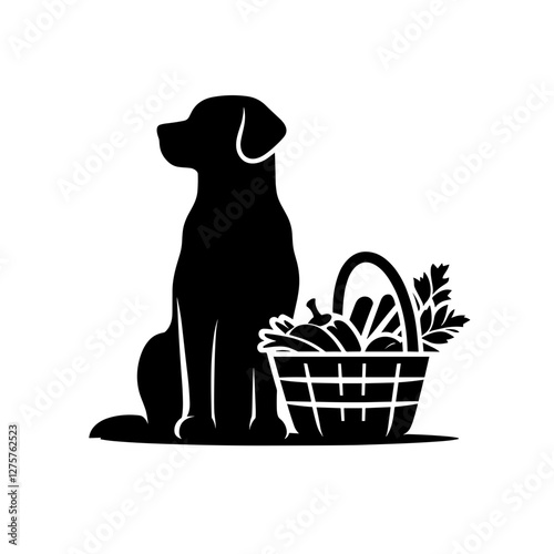 Dog sitting next to a basket of vegetables - Vector silhouette