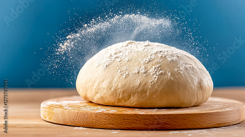 Dough Ball Dusting with Flour on Wooden Board in a Bright Rustic Kitchen Setting