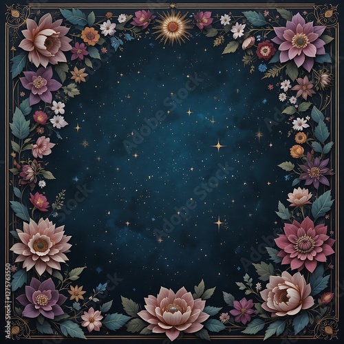 Floral Frame on Starry Night Background for Invitations and Greetings