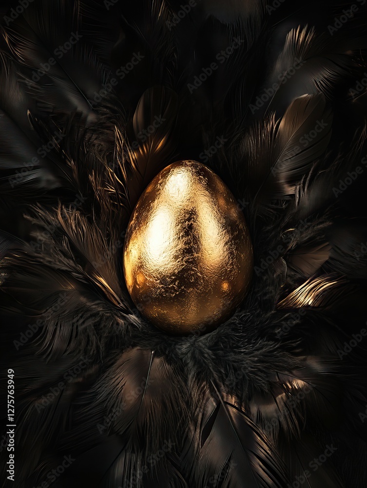 Fototapeta premium golden egg nestled in a bed of dark, iridescent feathers. 