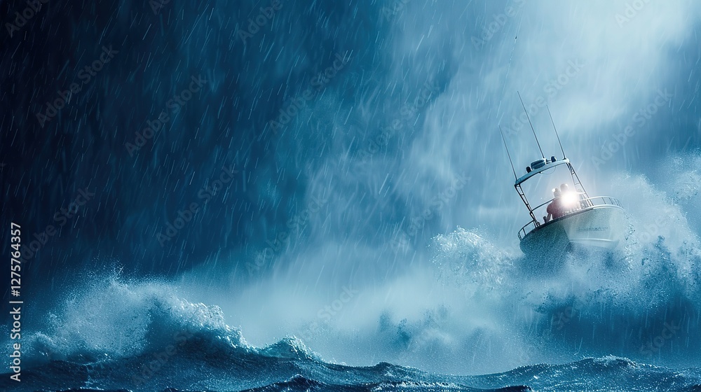 Obraz premium During a rainstorm, a rescue boat rescues people from drowning in rough seas, with spotlights illuminating the rescue operation and waves rolling around