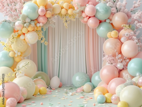 digital backdrop with balloons around an arch, colours: dusky green, dusky yellow, dusky pink, dusky peach, dusky blue balloons