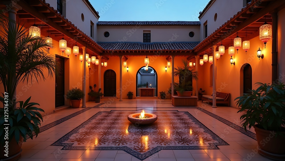 Obraz premium Serene Courtyard at Dusk: A Spanish Architectural Gem