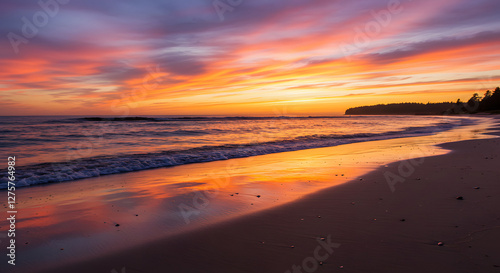 Vibrant Sunset Over Ocean Waves on Beach with Colorful Sky