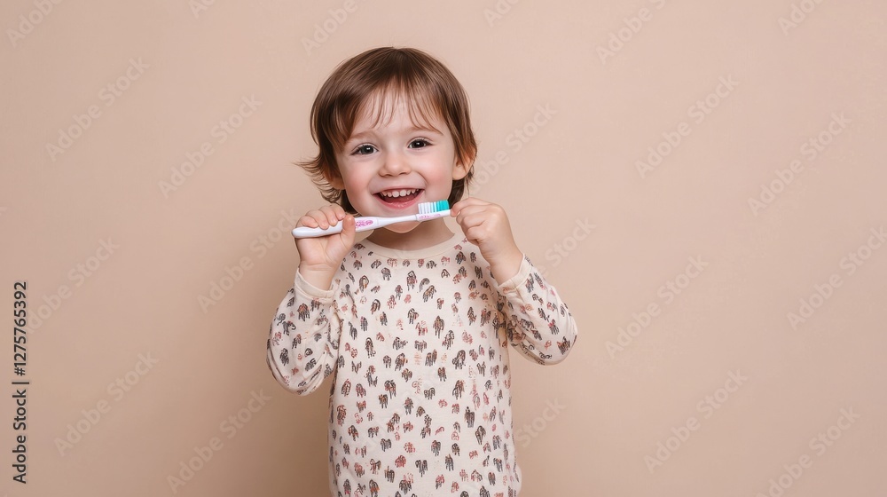 A cheerful child holding a toothbrush with a bright smile, radiating happiness and enjoyment from brushing their teeth A cheerful child holding a toothbrush with a bright smile, radiating happiness and enjoyment from brushing their teeth