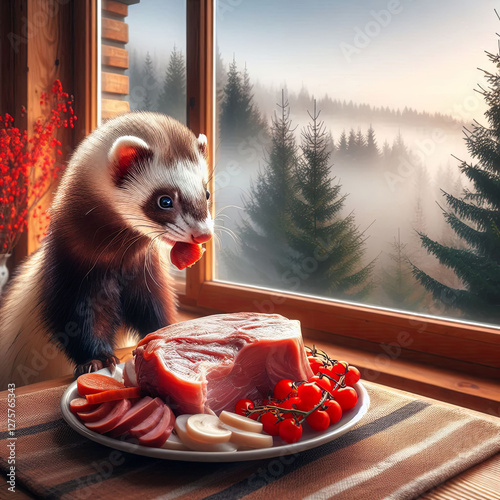 A ferret eating meat inside a modern house, with a window view of an autumn forest on a foggy morning