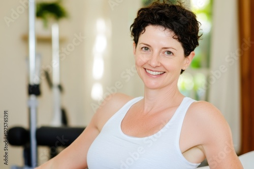 Free Download Smiling Woman in Workout Attire Relaxing in Bright Home Gym Setting - GFXLoad