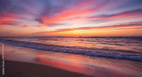 Ocean Waves at Sunset with a Vivid and Colorful Sky