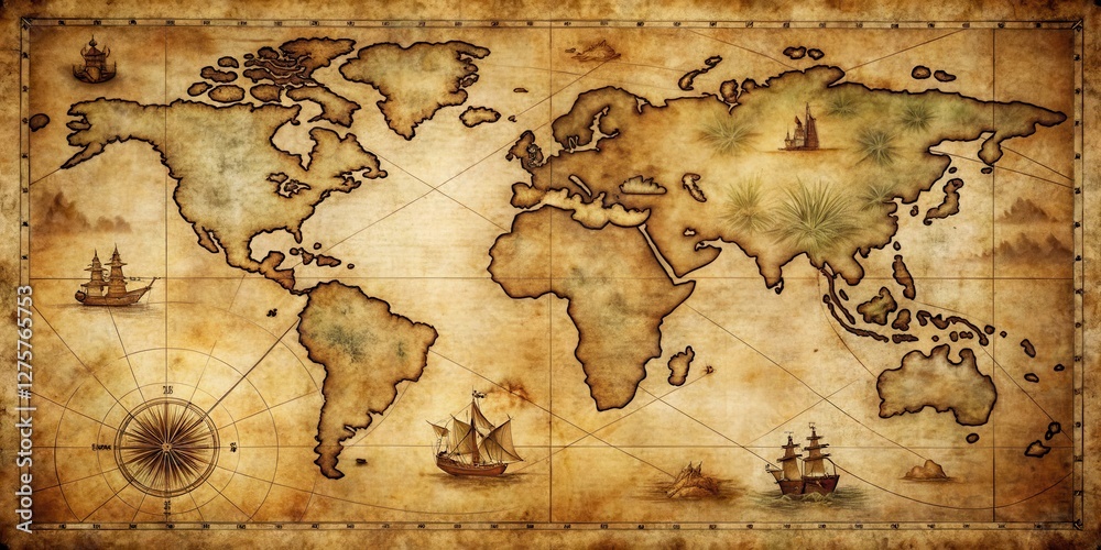 Fototapeta premium Old nautical map with worn parchment texture and faded ink illustrations of sailing ships and islands in the Caribbean Sea, nautical map, oceanic landscape