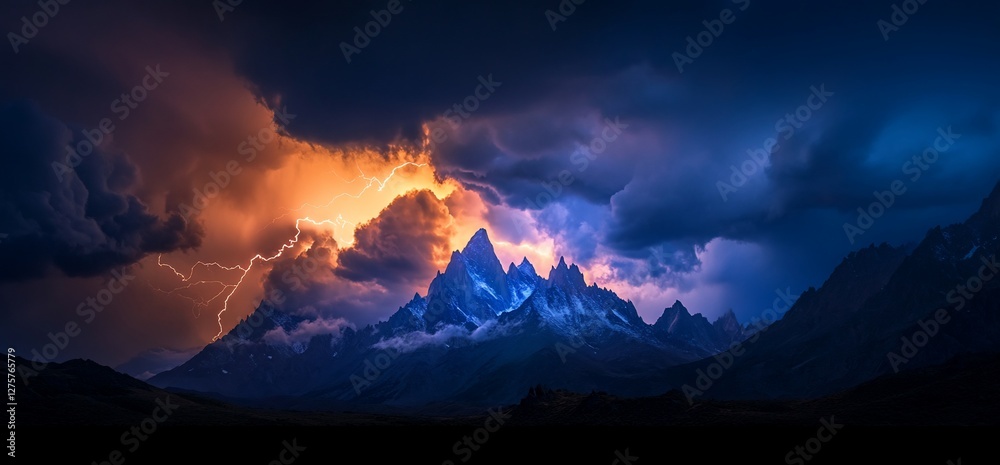 Spectacular mountain range under a dramatic stormy sky with lightning strike illuminating the landscape in contrasting colors