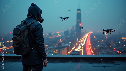 Night City Surveillance: A lone figure observes multiple drones above a sprawling metropolis at twilight.