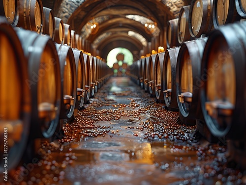 Wine barrels in a stone-walled cellar with warm lighting