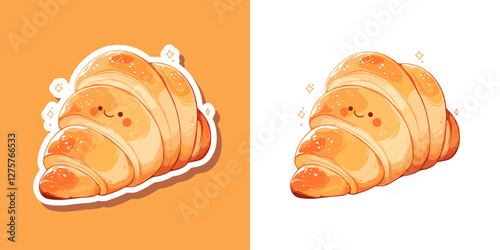 Set Vector illustration of French Croissant. Fresh baking, for menu, cafe, bakery, logo, color illustration. Cartoon kawaii style, yummy.