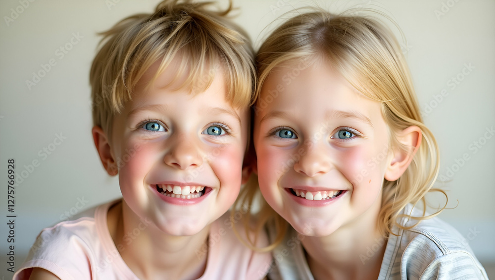Title: Two Young Siblings, a Boy and a Girl, with Bright Blue Eyes
Title: Two Young Siblings, a Boy and a Girl, with Bright Blue Eyes