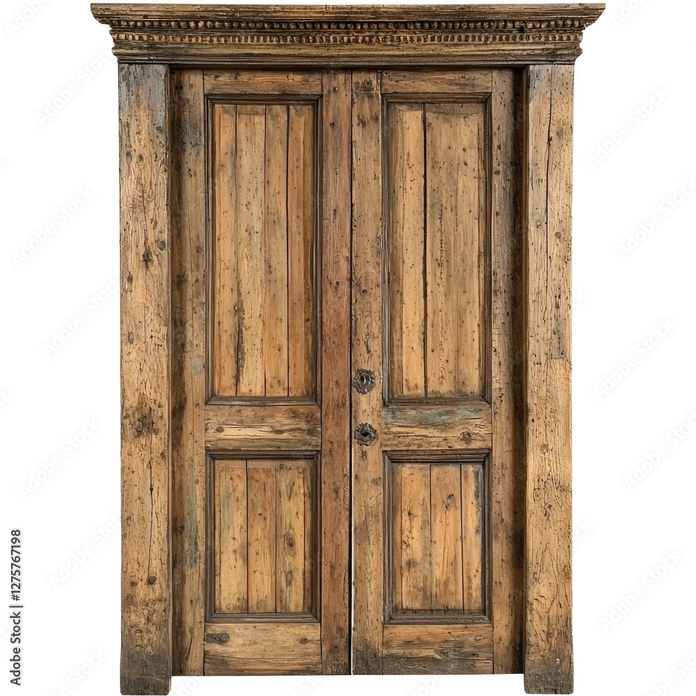 Rustic wooden double doors with intricate detailing isolated on png transparent background, cut out Rustic wooden double doors with intricate detailing isolated on png transparent background, cut out