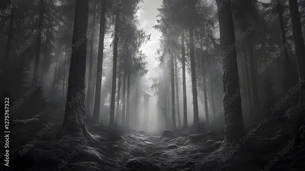 Obraz premium Mysterious forest scene, dark tall trees with misty path, atmospheric setting ideal for storytelling or nature themes.