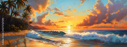 A painting of the most beautiful sunset on an exotic beach, with palm trees and waves
