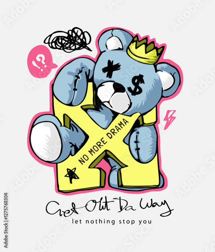 get out da way calligraphy slogan with cartoon bear climbing arrow block hand drawn vector illustration